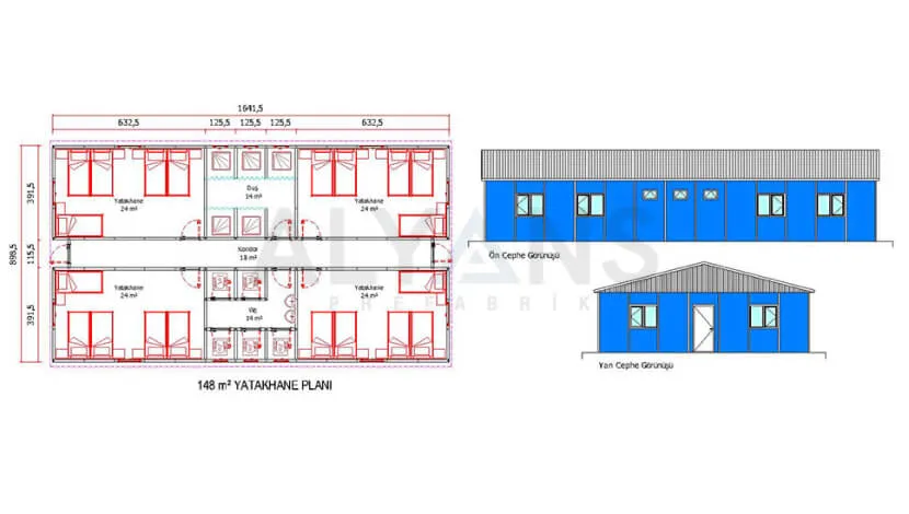 148 m² Prefabrik İşçi Koğuşu