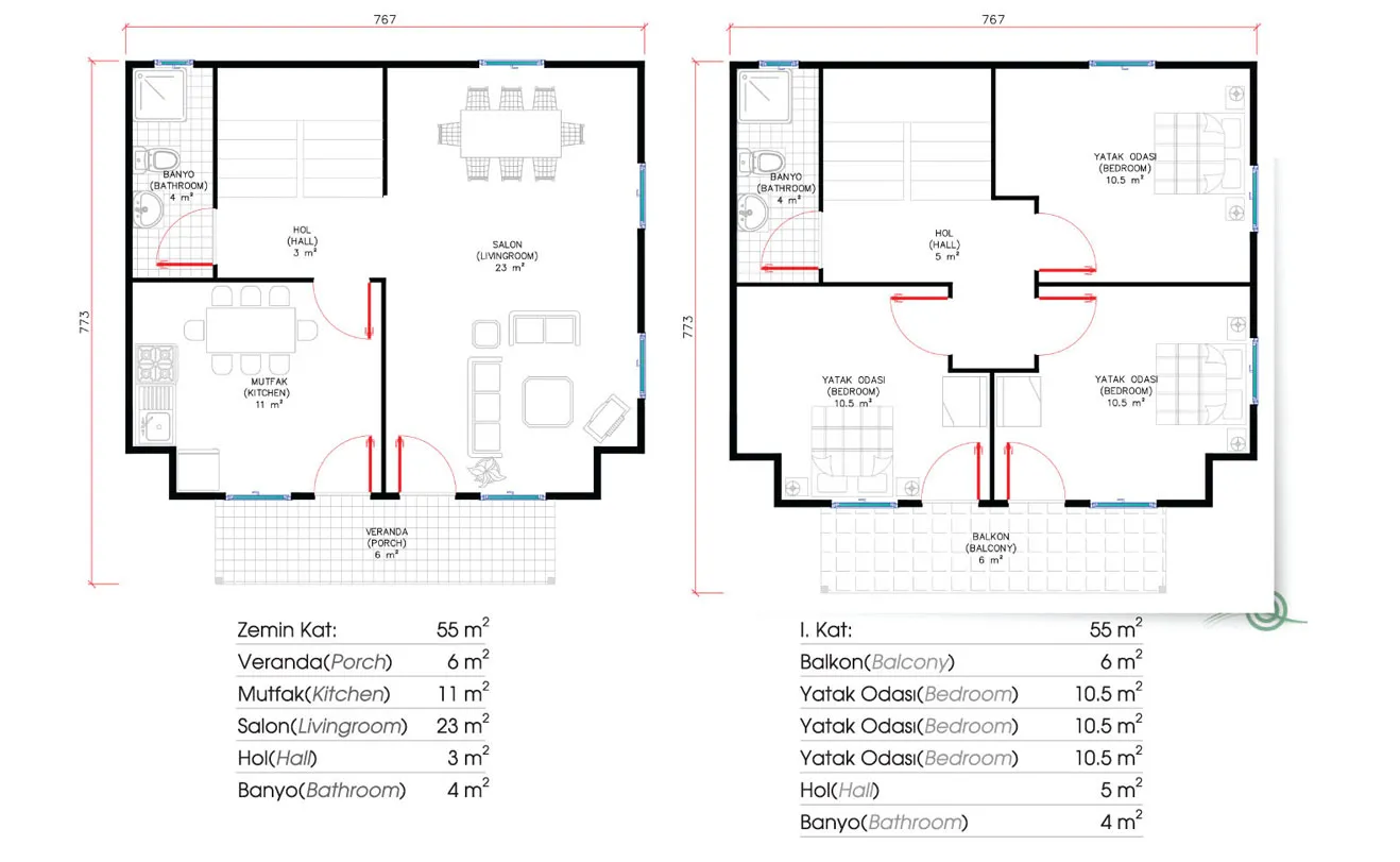 110 m2 iki katlı prefabrik ev modelleri