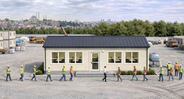 Alyans Prefabrik tarafından projelendirilen, inşaat sahasında aktif olarak kullanılan panel sistem prefabrik yemekhane binası ve modüler şantiye yerleşkesi.