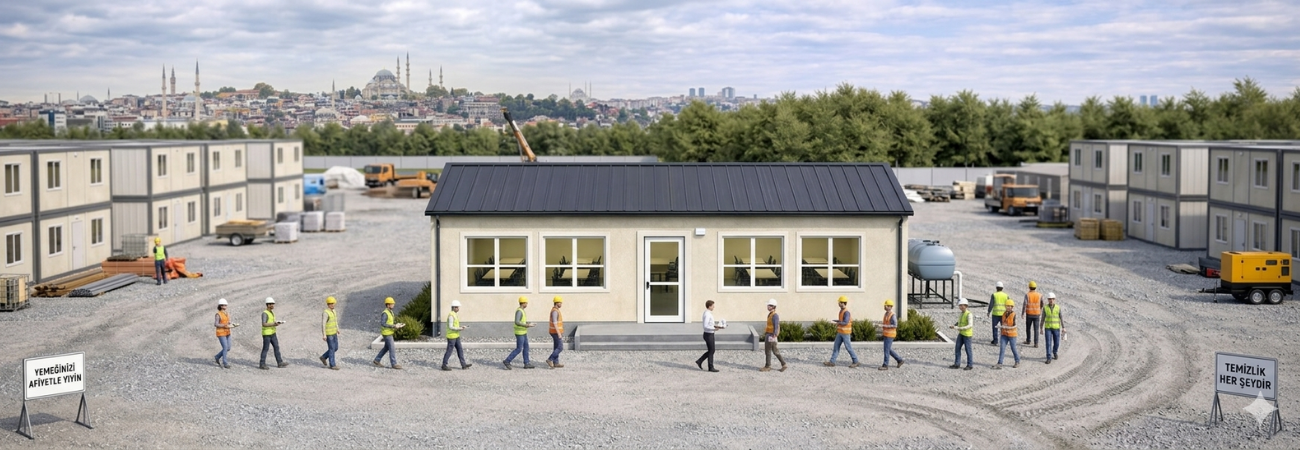 Alyans Prefabrik tarafından projelendirilen, inşaat sahasında aktif olarak kullanılan panel sistem prefabrik yemekhane binası ve modüler şantiye yerleşkesi.