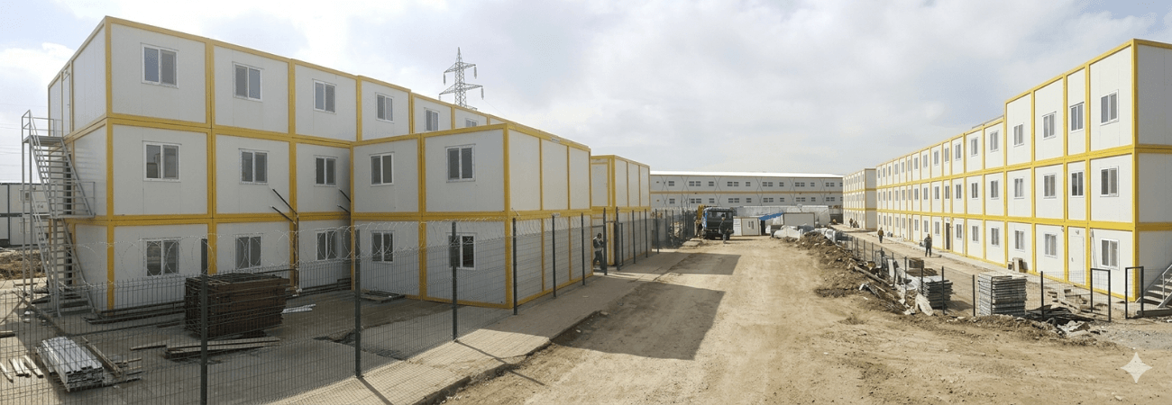 Alyans Prefabrik tarafından kurulan, şantiye sahasında yüksek kapasiteli barınma alanı sunan üç katlı modüler yatakhane konteyner yerleşkesi.