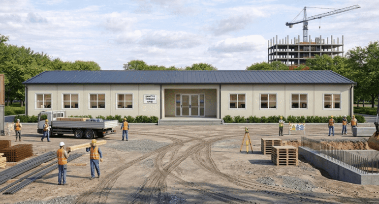 Alyans Prefabrik tarafından projelendirilen ve kurulan kapsamlı şantiye yerleşkesi; merkez ofis binası, yığın konteynerler, işçiler ve iş makineleri ile aktif inşaat süreci.