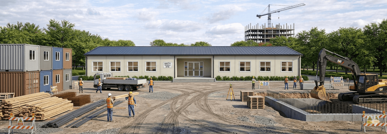 Alyans Prefabrik tarafından projelendirilen ve kurulan kapsamlı şantiye yerleşkesi; merkez ofis binası, yığın konteynerler, işçiler ve iş makineleri ile aktif inşaat süreci.