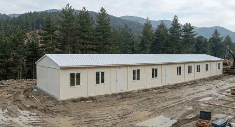 Ormanlık bir arazideki şantiye alanına Alyans Prefabrik tarafından kurulumu yapılmış, beyaz renkli, çok odalı ve uzun prefabrik şantiye binası.