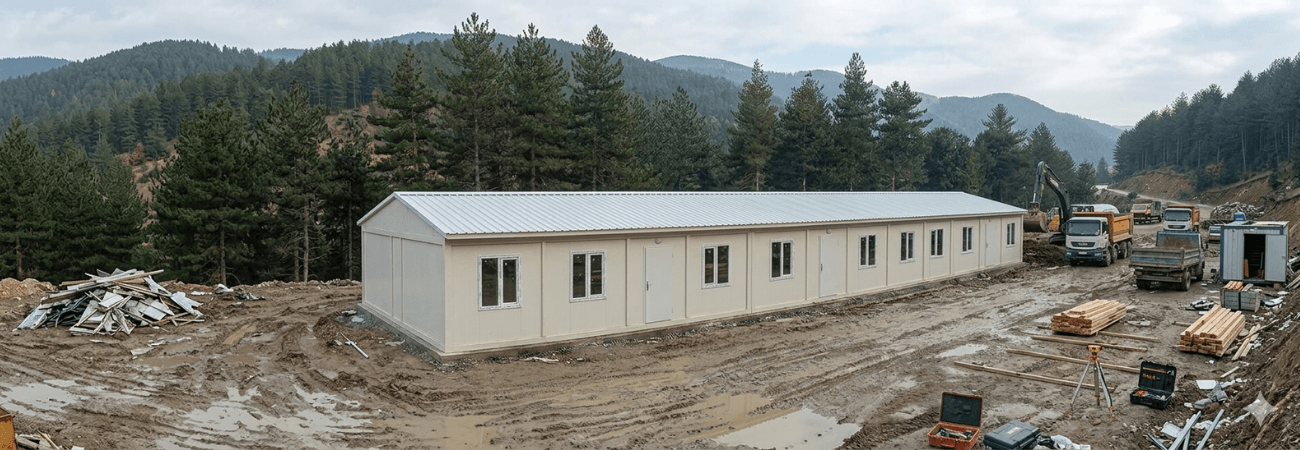 Ormanlık bir arazideki şantiye alanına Alyans Prefabrik tarafından kurulumu yapılmış, beyaz renkli, çok odalı ve uzun prefabrik şantiye binası.