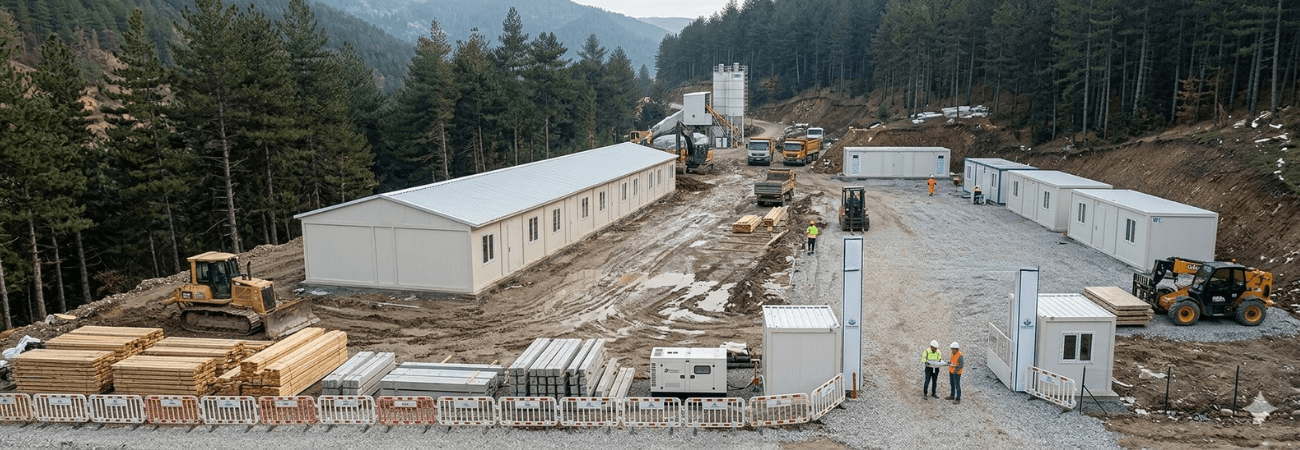 Zorlu arazi koşullarında Alyans Prefabrik tarafından kurulan geniş kapsamlı prefabrik şantiye yerleşkesi ve mobil ofis binaları.