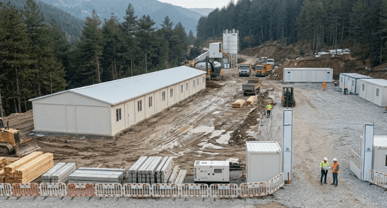Geniş açılı bir şantiye sahası görünümü: Merkeze yerleştirilmiş, Alyans Prefabrik tarafından üretilen, siyah karkaslı, iki katlı modüler yatakhane konteyner yapısının montajı yapılıyor. Binanın çatısında galvanizli çelik makas sistemi açıkça görülüyor. Çevrede baretli personel, paletlenmiş paneller, çitler ve iş makineleri bulunuyor. Gökyüzü açık ve mavi.
