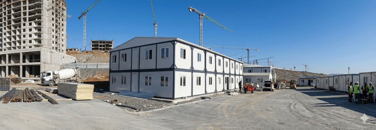 İstanbul'daki büyük ölçekli bir şantiye alanında, kule vinçler ve devam eden inşaatın önünde konumlanmış, Alyans Prefabrik üretimi iki katlı modern modüler şantiye ofis ve yatakhane binası.