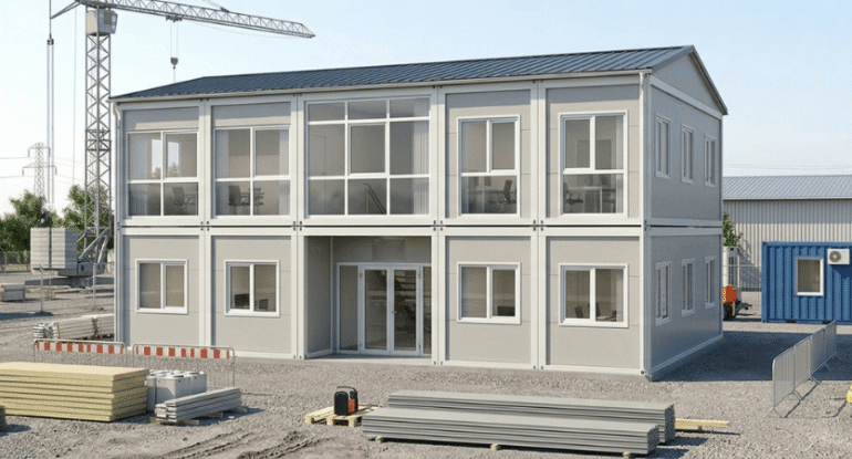 İnşaat projesi şantiye sahasına kurulmuş, iki katlı, modüler Alyans Prefabrik ofis konteyner binası ve giriş bölümü.