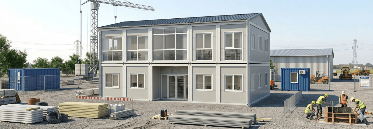 İnşaat projesi şantiye sahasına kurulmuş, iki katlı, modüler Alyans Prefabrik ofis konteyner binası ve giriş bölümü.