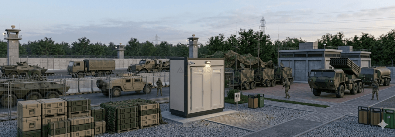 Alt Metin: Askeri kamp ve operasyon sahaları için tasarlanmış, dayanıklı ve modüler Alyans Prefabrik çift kabinli WC konteyner ünitesi.
