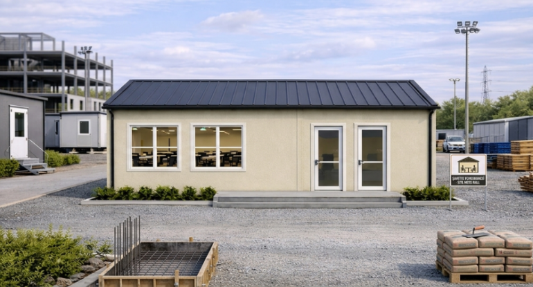 Şantiye sahasında kurulu, modern mimariye sahip Alyans Prefabrik modüler şantiye yemekhanesi ve personel dinlenme alanı.