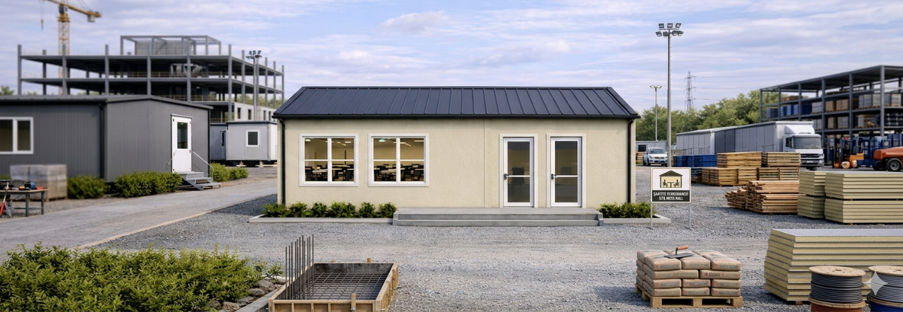 Şantiye sahasında kurulu, modern mimariye sahip Alyans Prefabrik modüler şantiye yemekhanesi ve personel dinlenme alanı.