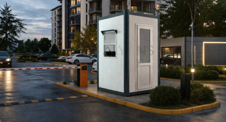 Site girişinde konumlandırılmış Alyans Prefabrik güvenlik kabini ve site giriş kontrol noktası.