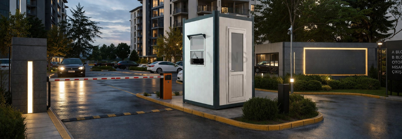 Site girişinde konumlandırılmış Alyans Prefabrik güvenlik kabini ve site giriş kontrol noktası.