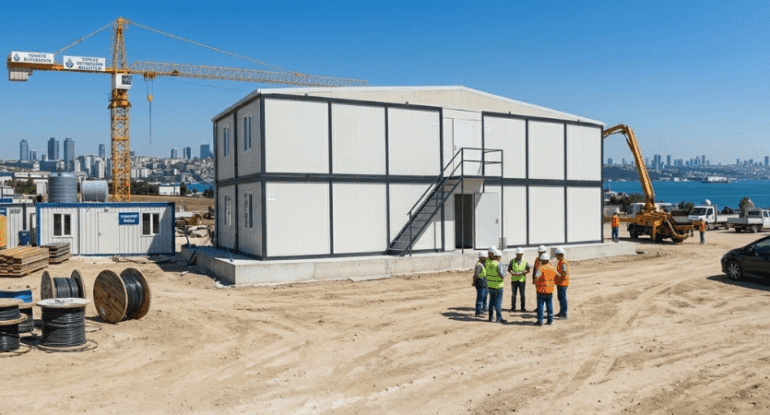 Sarı kule vinç ve modüler konteyner yapılarının bulunduğu dinamik İstanbul şantiyesi.