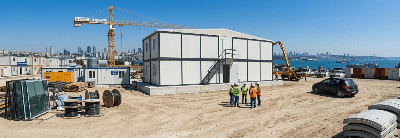 Sarı kule vinç ve modüler konteyner yapılarının bulunduğu dinamik İstanbul şantiyesi.