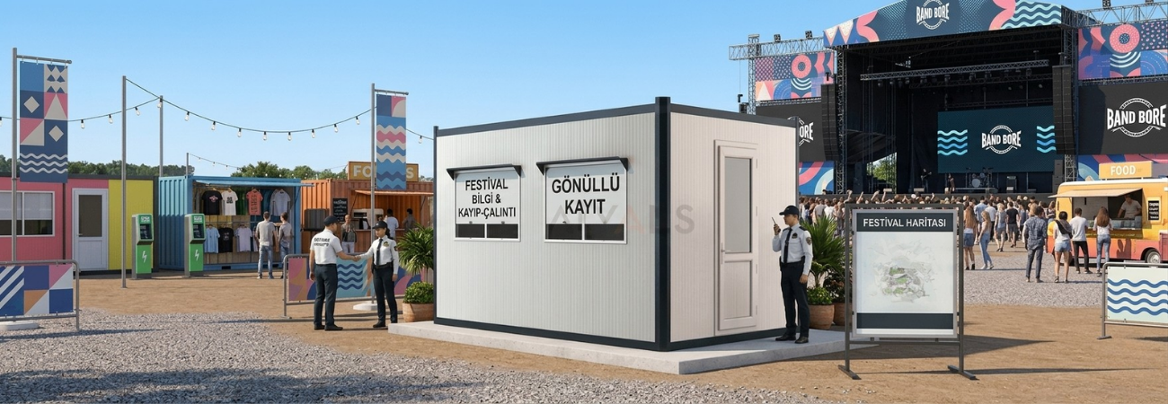 Bir festival alanında yer alan, üzerinde "Festival Bilgi & Kayıp-Çalıntı" ve "Gönüllü Kayıt" yazan pencereleri bulunan, sandviç panel duvarlı ve antrasit detaylı Alyans Prefabrik modüler etkinlik kabini.