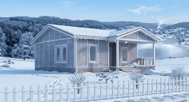 Kar yağışlı ve soğuk iklim koşullarına uygun, yüksek ısı yalıtımlı panel sisteme sahip Alyans Prefabrik kışlık modüler konut modeli.