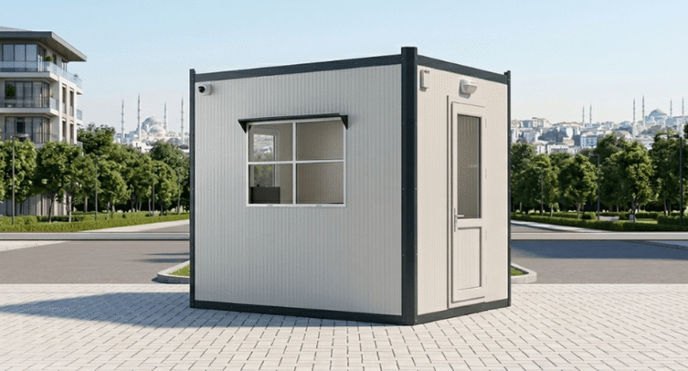 Site girişi ve toplu konut yerleşkeleri için tasarlanmış, yüksek yalıtımlı panel sistem Alyans Prefabrik güvenlik kabini ve bariyer sistemli kontrol noktası.