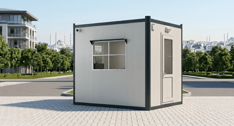 Site girişi ve toplu konut yerleşkeleri için tasarlanmış, yüksek yalıtımlı panel sistem Alyans Prefabrik güvenlik kabini ve bariyer sistemli kontrol noktası.