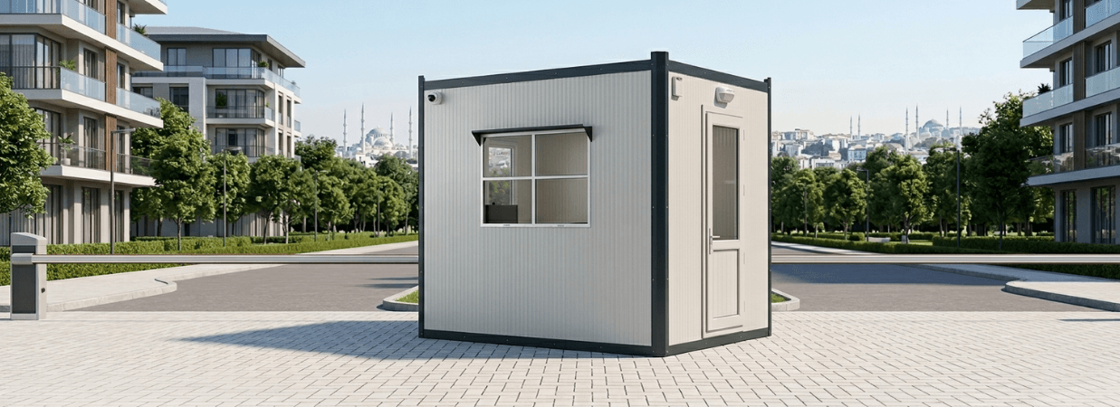 Site girişi ve toplu konut yerleşkeleri için tasarlanmış, yüksek yalıtımlı panel sistem Alyans Prefabrik güvenlik kabini ve bariyer sistemli kontrol noktası.