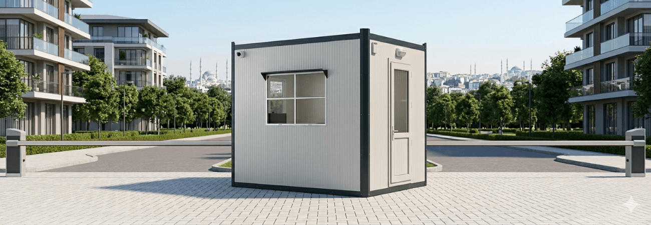 Site girişi ve toplu konut yerleşkeleri için tasarlanmış, yüksek yalıtımlı panel sistem Alyans Prefabrik güvenlik kabini ve bariyer sistemli kontrol noktası.