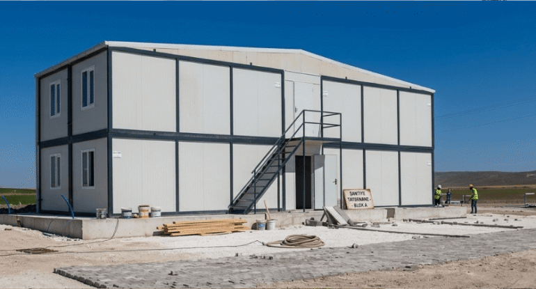 Şantiyede Alyans Prefabrik tarafından üretilmiş, iki katlı, dıştan merdivenli, modern modüler yatakhane binası.