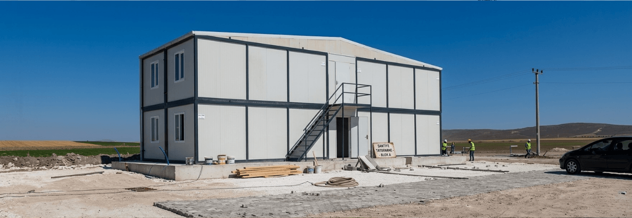 Şantiyede Alyans Prefabrik tarafından üretilmiş, iki katlı, dıştan merdivenli, modern modüler yatakhane binası.