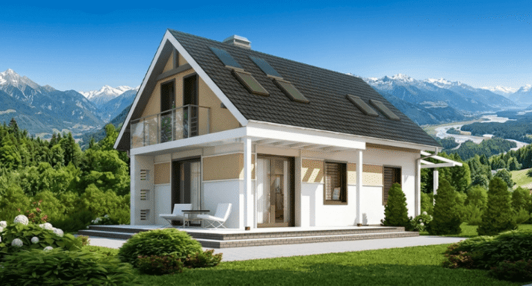 Alyans Prefabrik tarafından üretilen, dağ manzaralı, çift katlı, sarı renkli, modern balkonlu ve teras alanına sahip çelik ev modeli.