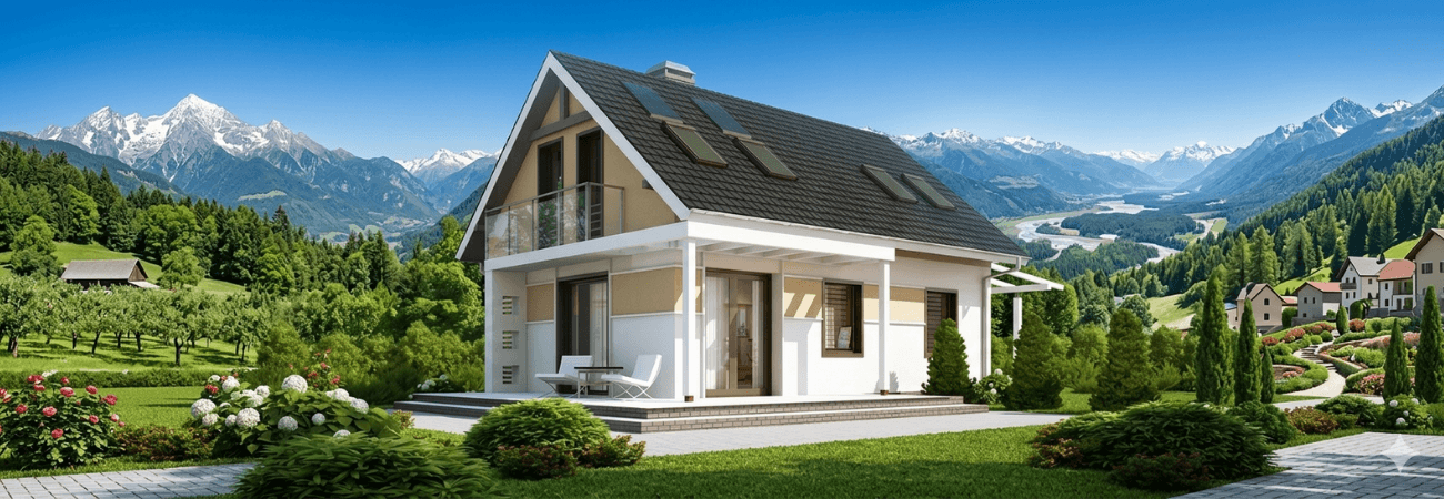 Alyans Prefabrik tarafından üretilen, dağ manzaralı, çift katlı, sarı renkli, modern balkonlu ve teras alanına sahip çelik ev modeli.