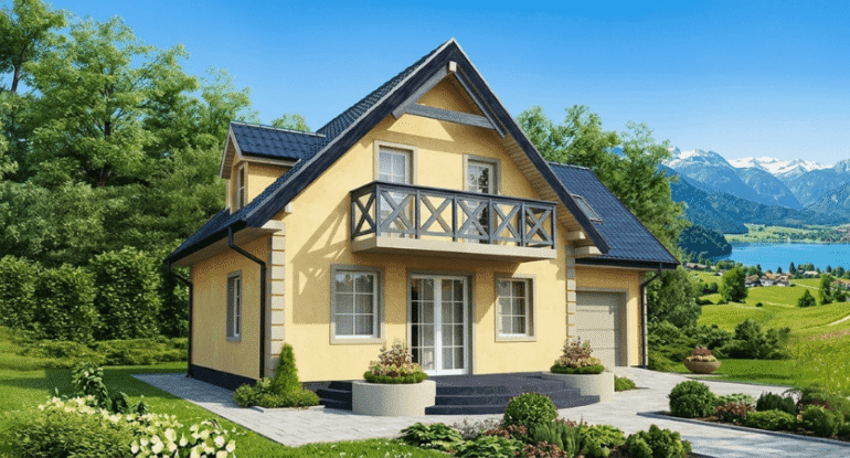 Doğa manzaralı, geniş balkonlu ve modern mimariye sahip Alyans Prefabrik çift katlı sarı çelik ev modeli.