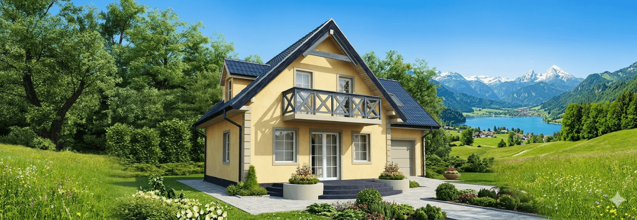 Doğa manzaralı, geniş balkonlu ve modern mimariye sahip Alyans Prefabrik çift katlı sarı çelik ev modeli.