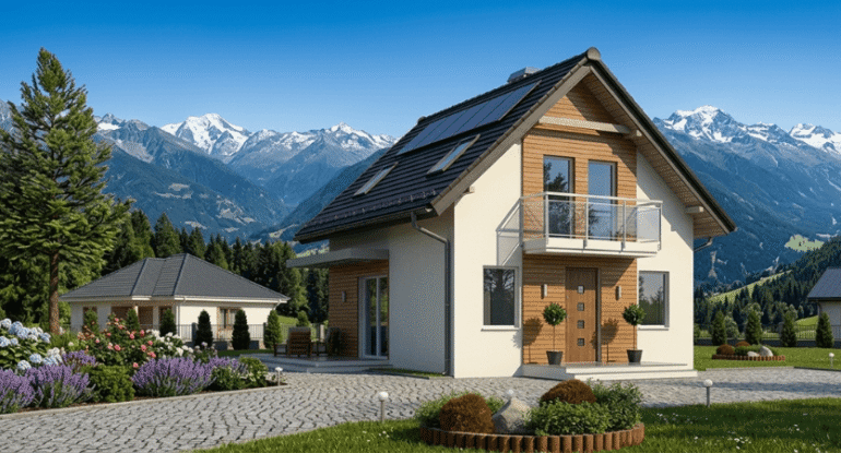 Dağ manzaralı bir arazide kurulu, modern ahşap detaylı ve balkonlu Alyans Prefabrik çift katlı çelik ev modeli.