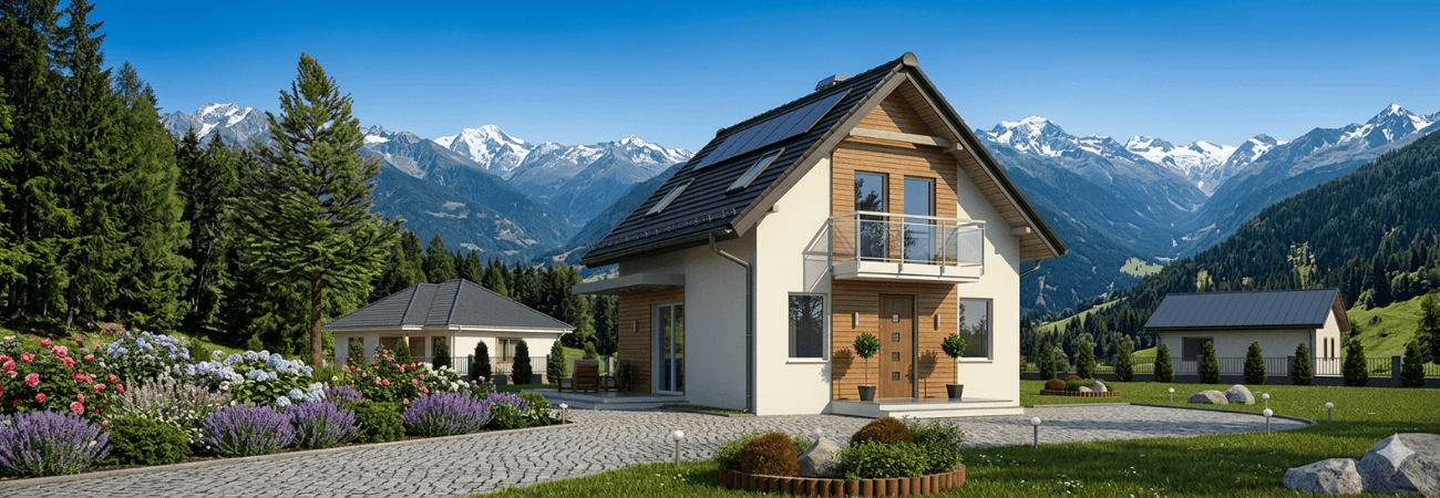 Dağ manzaralı bir arazide kurulu, modern ahşap detaylı ve balkonlu Alyans Prefabrik çift katlı çelik ev modeli.