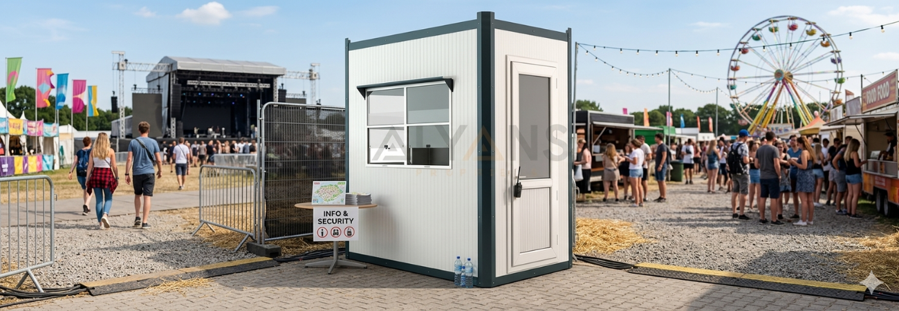 Bir lunaparkın girişinde bilet gişesi olarak konumlandırılmış, geniş pencereli, beyaz sandviç panel duvarlı ve antrasit gri detaylara sahip modern Alyans Prefabrik panel kabin.