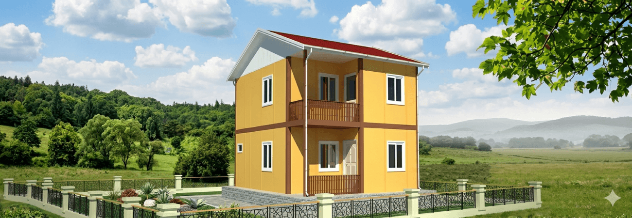 Geniş bir arazi içerisinde, yeşil doğa manzarasına karşı konumlandırılmış, sarı duvarlı ve kahverengi detaylı, iki katlı, balkonlu ve modern Alyans Prefabrik ev modeli.