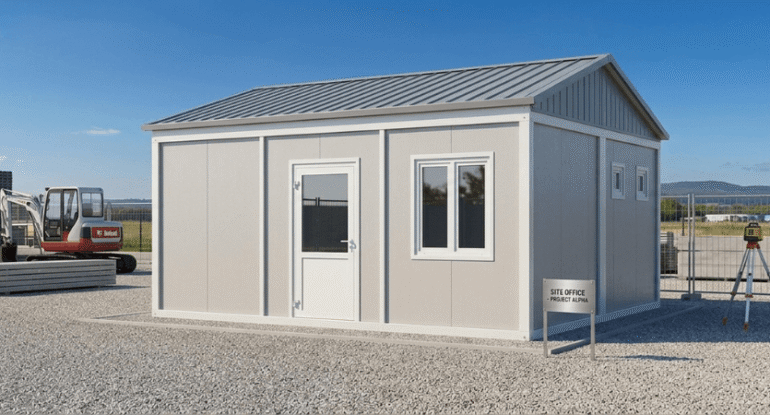 Şantiye sahasında hızlı kurulum avantajı sağlayan, Alyans Prefabrik üretimi taşınabilir modüler prefabrik şantiye ofis binası.