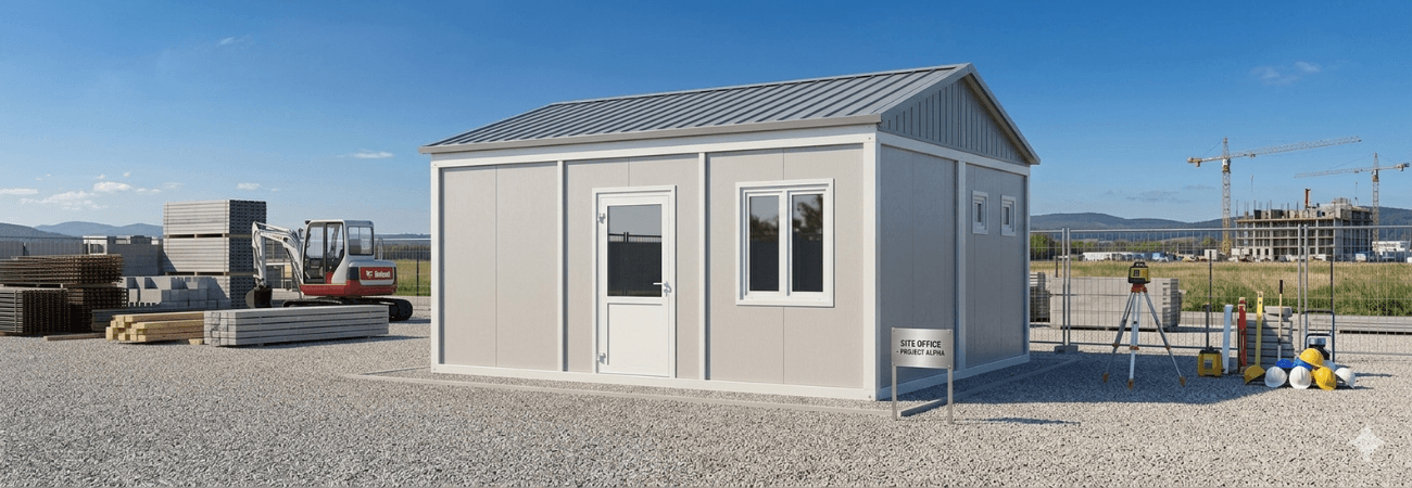 Şantiye sahasında hızlı kurulum avantajı sağlayan, Alyans Prefabrik üretimi taşınabilir modüler prefabrik şantiye ofis binası.