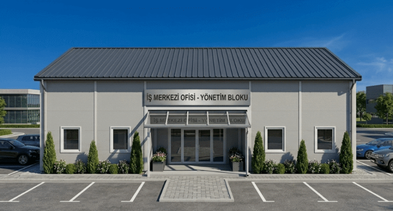 Alyans Prefabrik tarafından üretilen, modern mimariye sahip, çevre düzenlemesi yapılmış modüler prefabrik ofis ve yönetim binası.