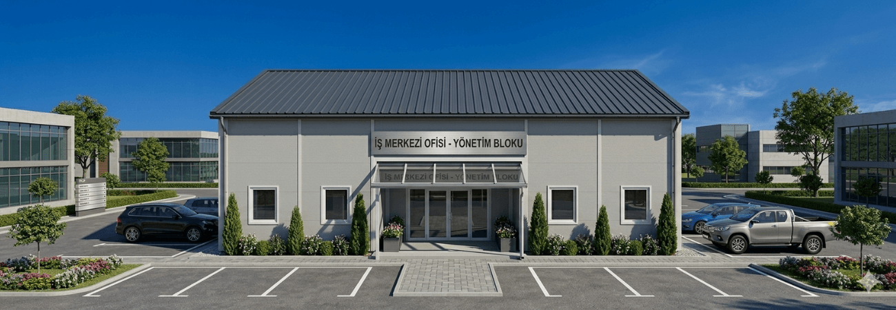 Alyans Prefabrik tarafından üretilen, modern mimariye sahip, çevre düzenlemesi yapılmış modüler prefabrik ofis ve yönetim binası.