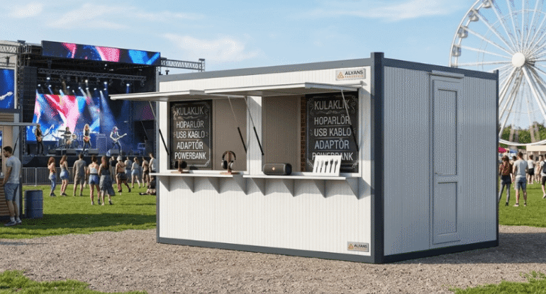 Bir festival alanında, önünde teknolojik aksesuarların (kulaklık, hoparlör) sergilendiği, beyaz sandviç panel duvarlı ve sürgülü pencereli modüler Alyans Prefabrik büfe kabini.