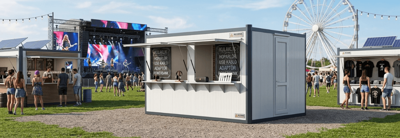 Bir festival alanında, önünde teknolojik aksesuarların (kulaklık, hoparlör) sergilendiği, beyaz sandviç panel duvarlı ve sürgülü pencereli modüler Alyans Prefabrik büfe kabini.