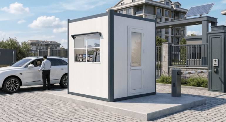 Bir konut projesinin girişinde yer alan, beyaz sandviç panel duvarlı, antrasit gri detaylara sahip, geniş pencereli ve güvenlik personeli bulunan modern Alyans Prefabrik güvenlik kabini.