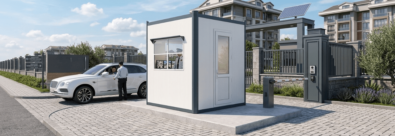 Bir konut projesinin girişinde yer alan, beyaz sandviç panel duvarlı, antrasit gri detaylara sahip, geniş pencereli ve güvenlik personeli bulunan modern Alyans Prefabrik güvenlik kabini.