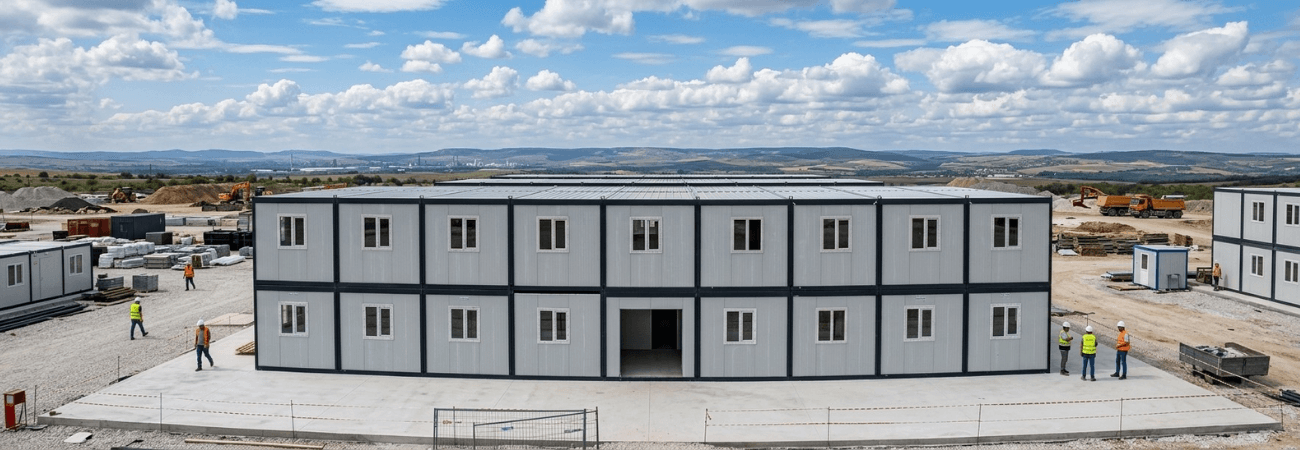 Geniş bir inşaat sahasında kurulu, gri sandviç panel duvarlı, antrasit gri karkaslı, çok pencereli ve iki katlı Alyans Prefabrik birleşimli şantiye ofis ve yatakhane binası.