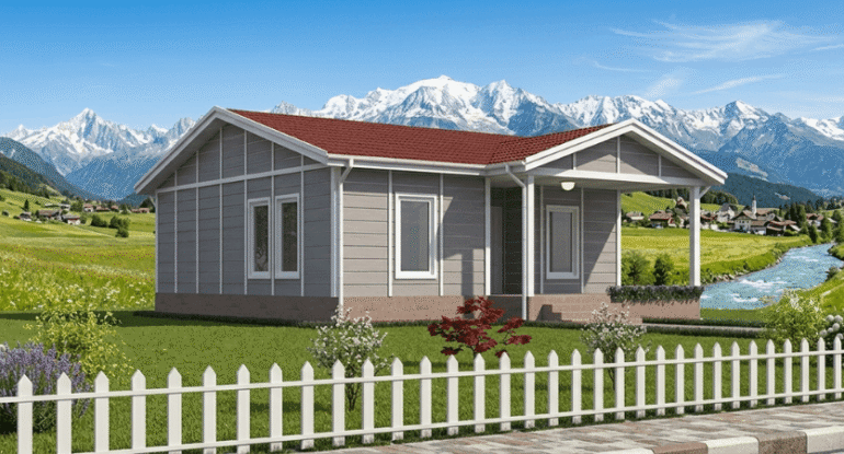 Alyans Prefabrik modern gri dış cepheli, tek katlı prefabrik ev modeli.