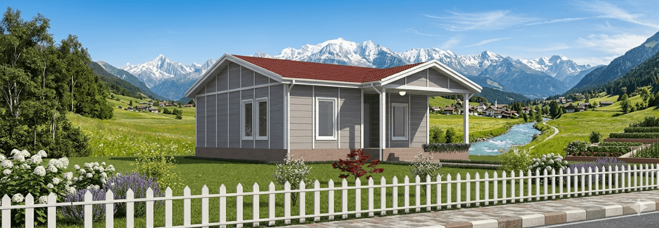 Alyans Prefabrik modern gri dış cepheli, tek katlı prefabrik ev modeli.