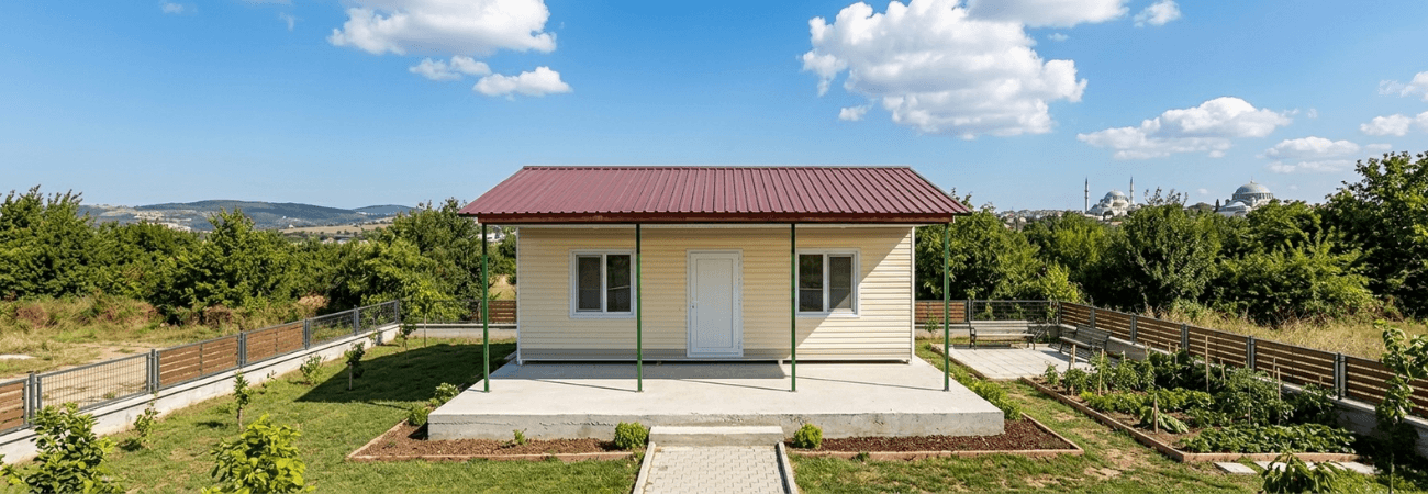 Mavi gökyüzü altında, geniş bir bahçe içerisinde konumlandırılmış; kiremit rengi çatılı, bej dış cepheli ve önünde beton verandası bulunan modern Alyans Prefabrik ev modeli. Arka planda şehir silüeti ve yeşil ağaçlar görülmektedir.