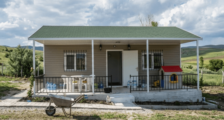 Geniş yeşil çimenli bir arazi üzerinde konumlandırılmış, yeşil shingle çatılı, bej cepheli ve geniş verandalı tek katlı Alyans Prefabrik ev modeli. Verandada plastik masa ve sandalyeler ile bir çocuk oyun evi görülüyor. Ön planda bir el arabası duruyor.